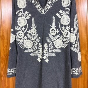 Gray Hoodie with White Floral Embroidery